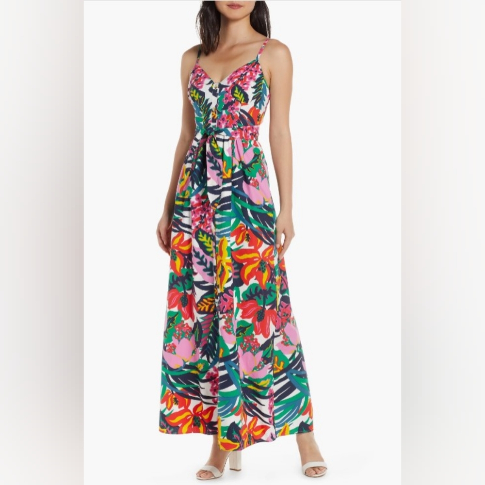 J Crew Multicolor Floral Spaghetti Strap Maxi Dress Size 10 Belt Tie Vacation